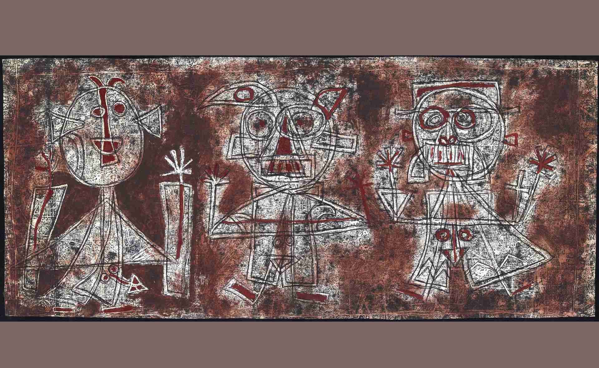 Géza Perneczky: Drei Figuren mit Maske, 1964, Farbmonotypie auf Papier, 15 x 34 cm | Mit freundlicher Genehmigung des Petőfi Literaturmuseums