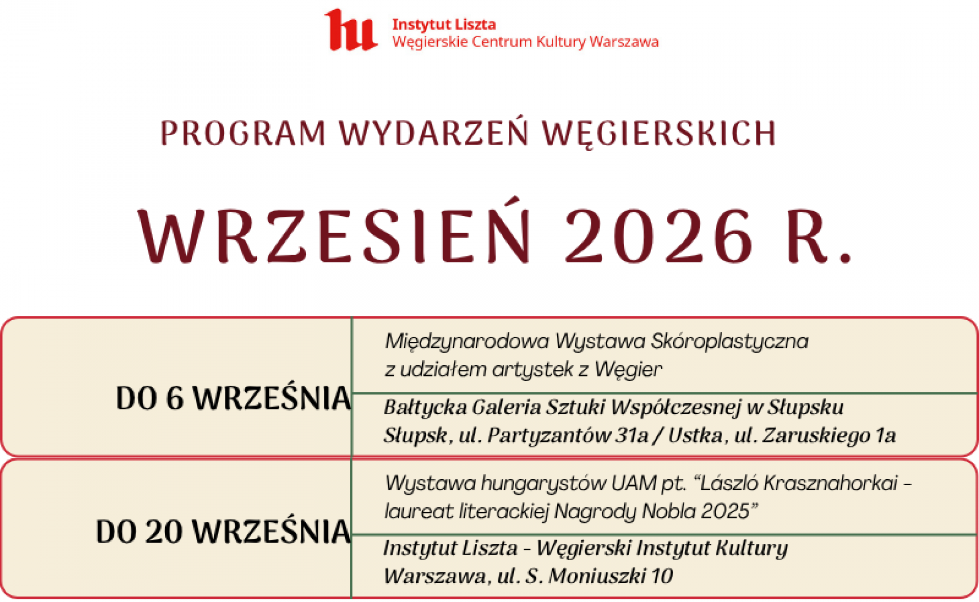 Program wydarzeń węgierskich: wrzesień 2026 r.