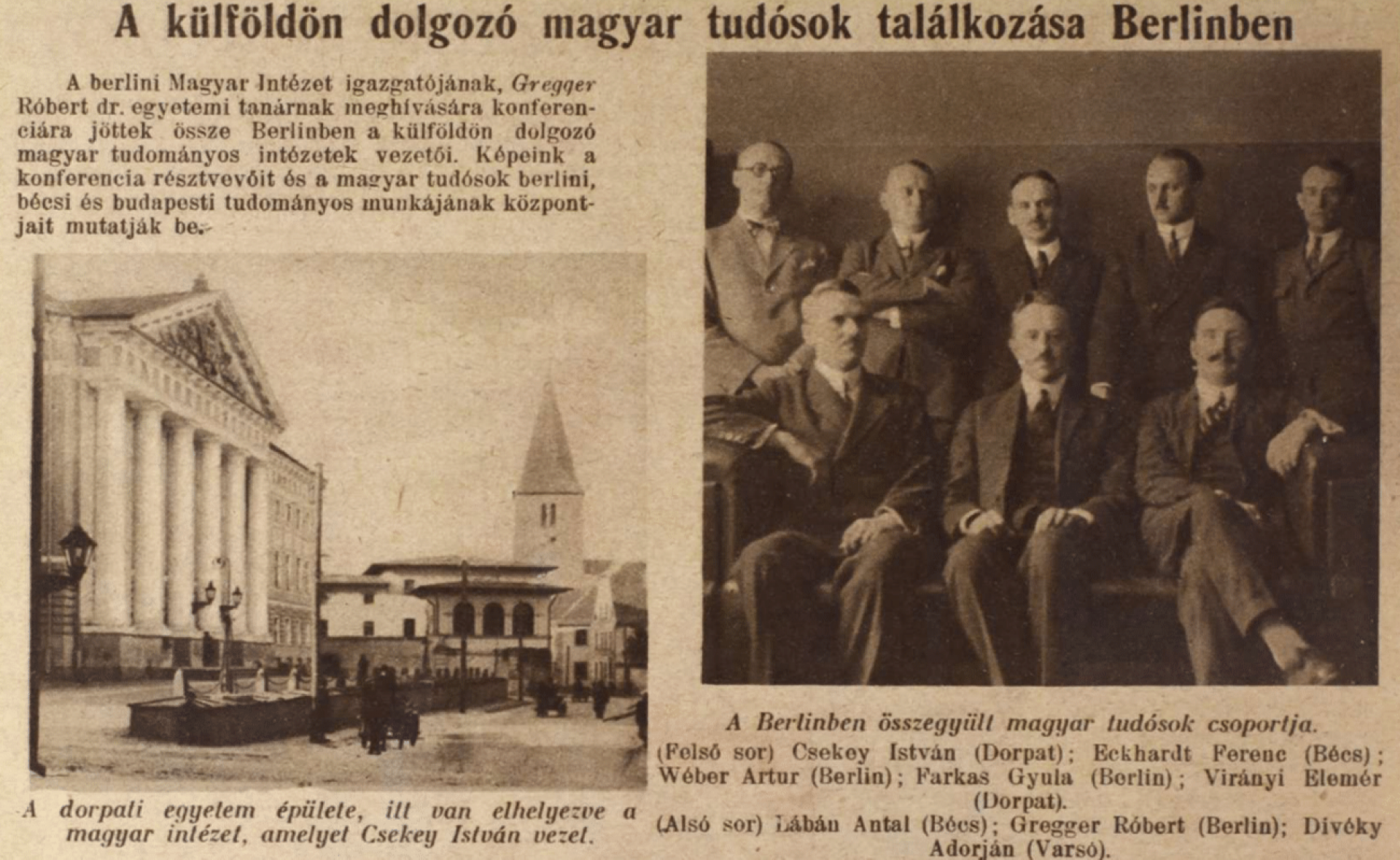 Die Zeitung "Magyarság" berichtet über das erste Direktorentreffen (1925) | Unten links: Antal Lábán (Wien), in der Mitte: Róbert Gragger (Berlin)