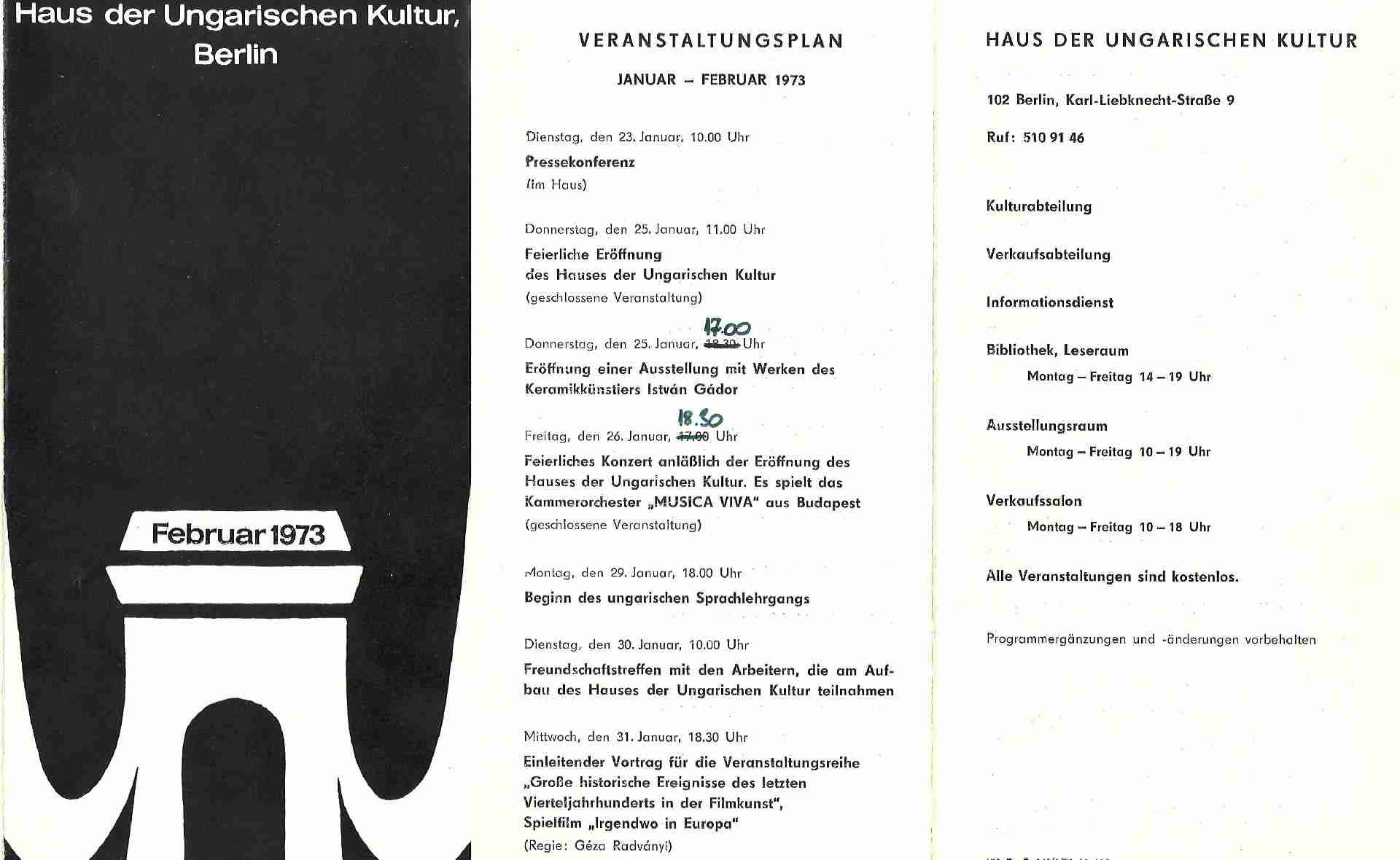 Programmheft Februar 1973: Feierliche Eröffnung des Hauses der Ungarischen Kultur