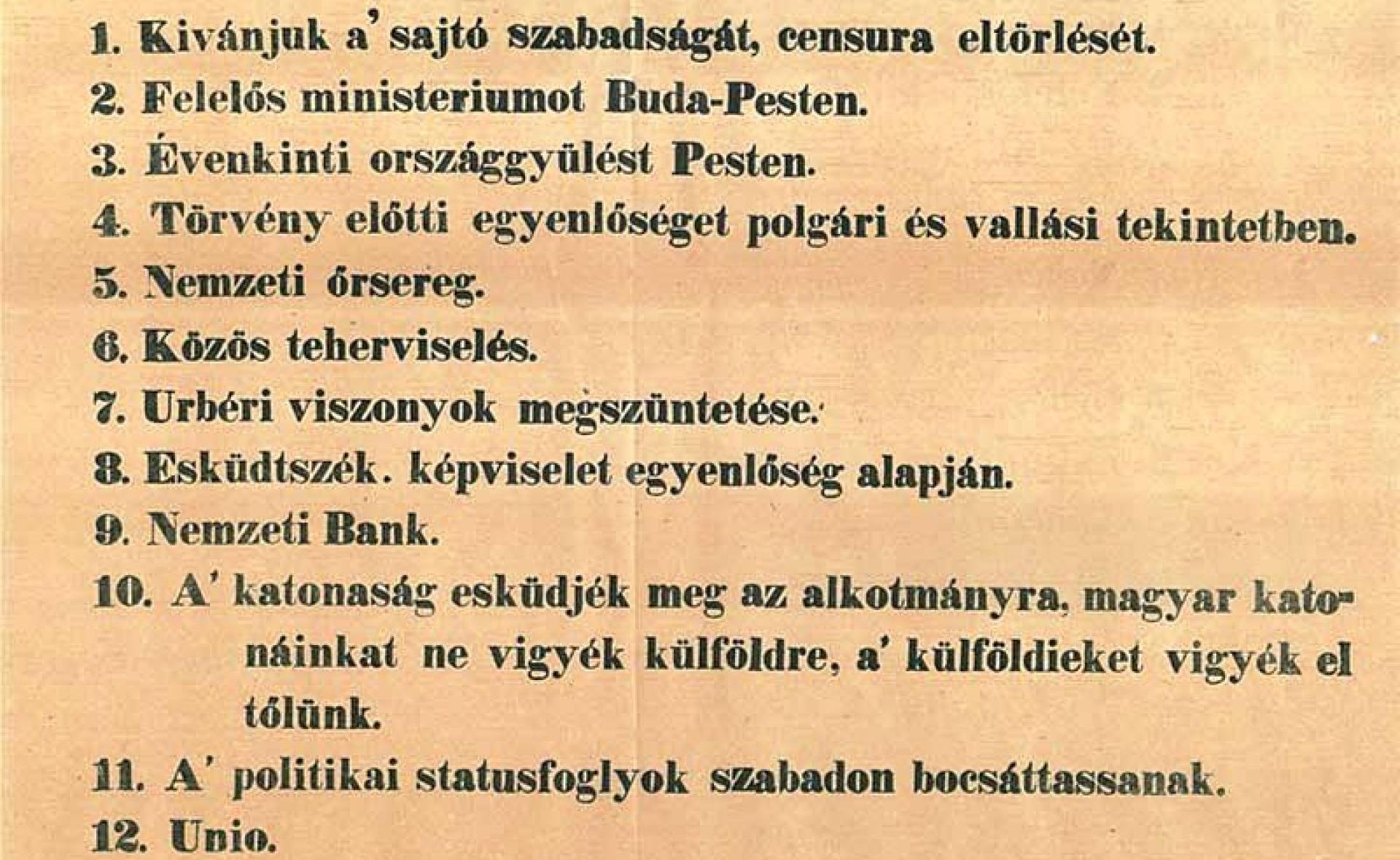 12 points of the Hungarian Revolutionaries of 1848