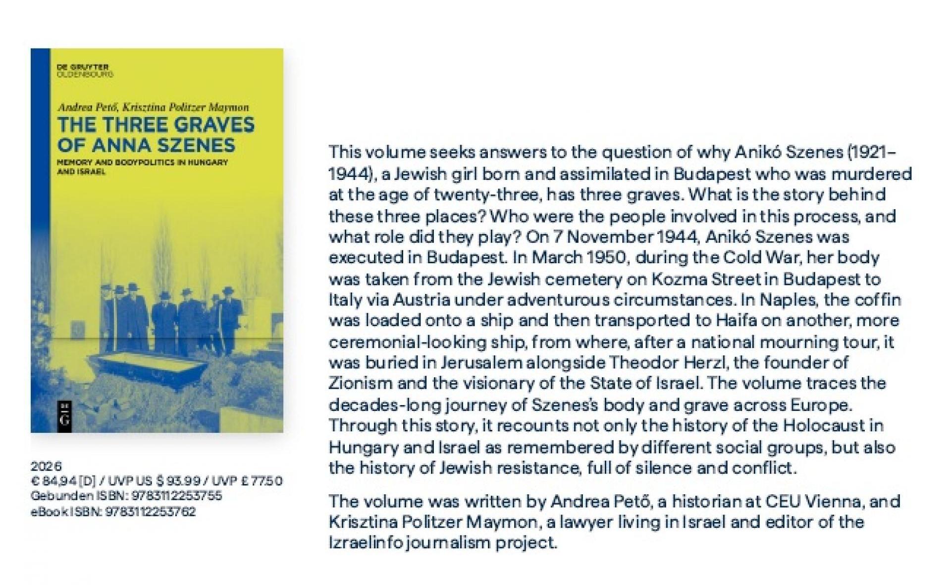 KÖNYVBEMUTATÓ ÉS PÓDIUMBESZÉLGETÉS - The Three Graves of Anna Szenes: Memory and Bodypolitics in Hungary and Israel