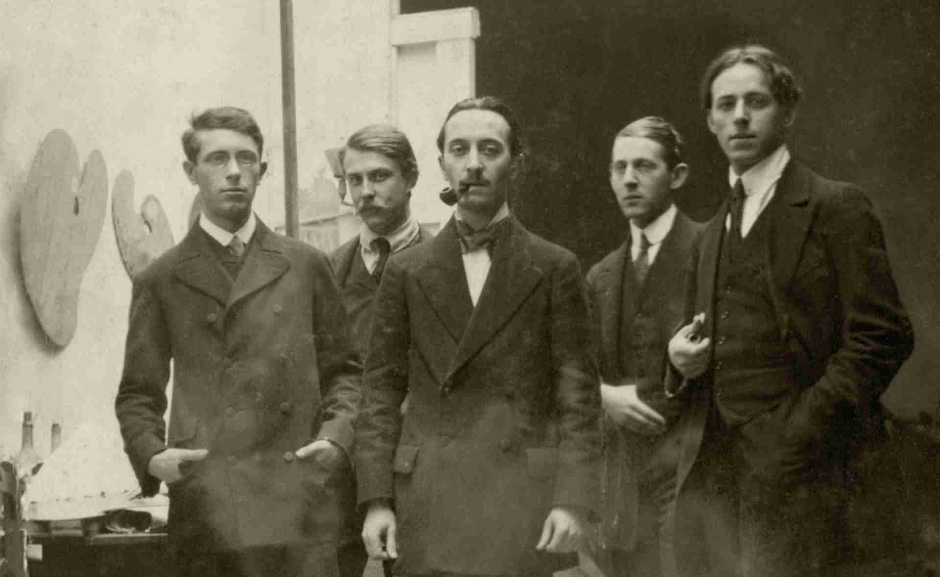 Az Académie La Palette magyar diákjai, 1913 körül (balról jobbra : Csáky József, Kóródy Elemér, Szobotka Imre, Farkas István, Miklós Gusztáv)