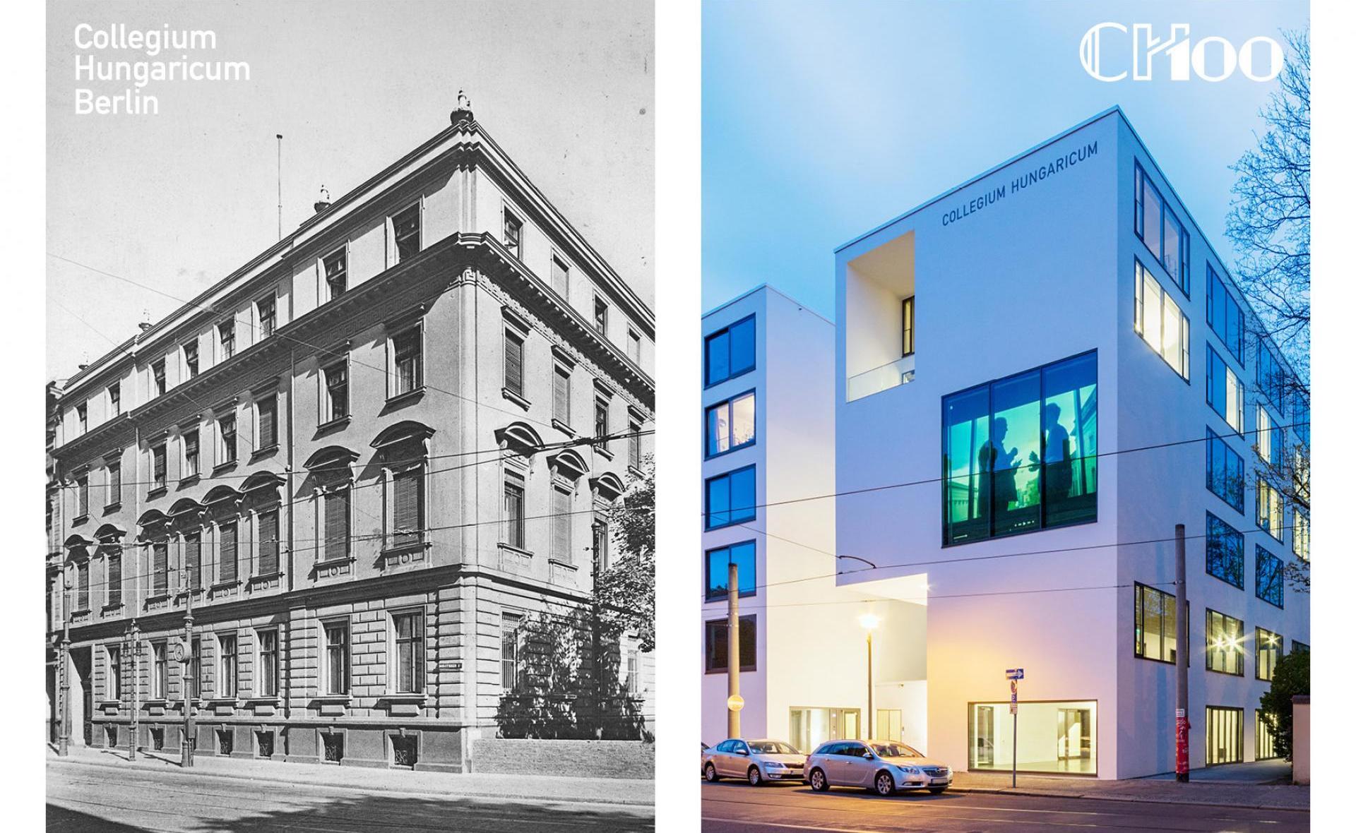 Das Gebäude des Collegium Hungaricum in den 1920er Jahren und der 2007 am alten Standort eröffnete Neubau.
 © CHB Archiv (l) | Tamás Bujnovszky (r)