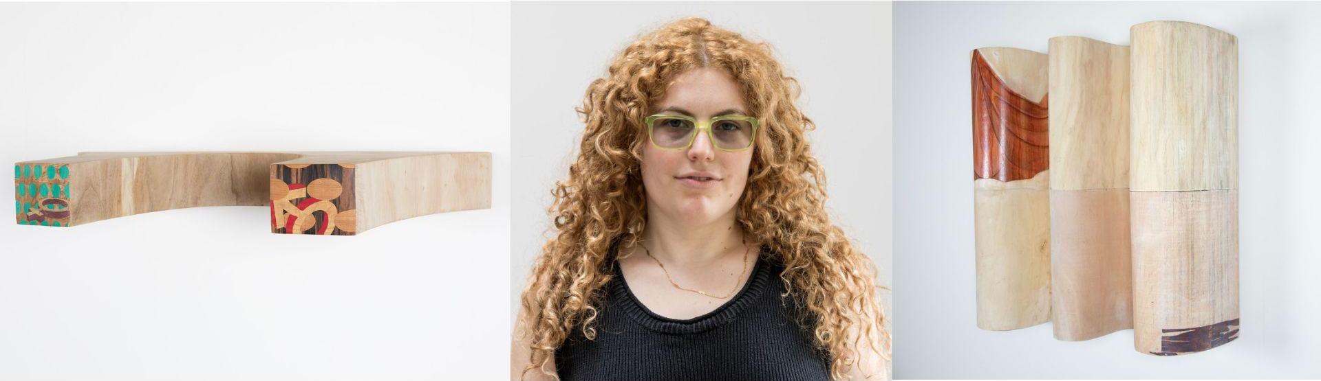 Horseshoe Theory, 2025, various wood veneers on plywood; Last Column of the Morning, 2025, plywood, oil paint, veneer, screenprint